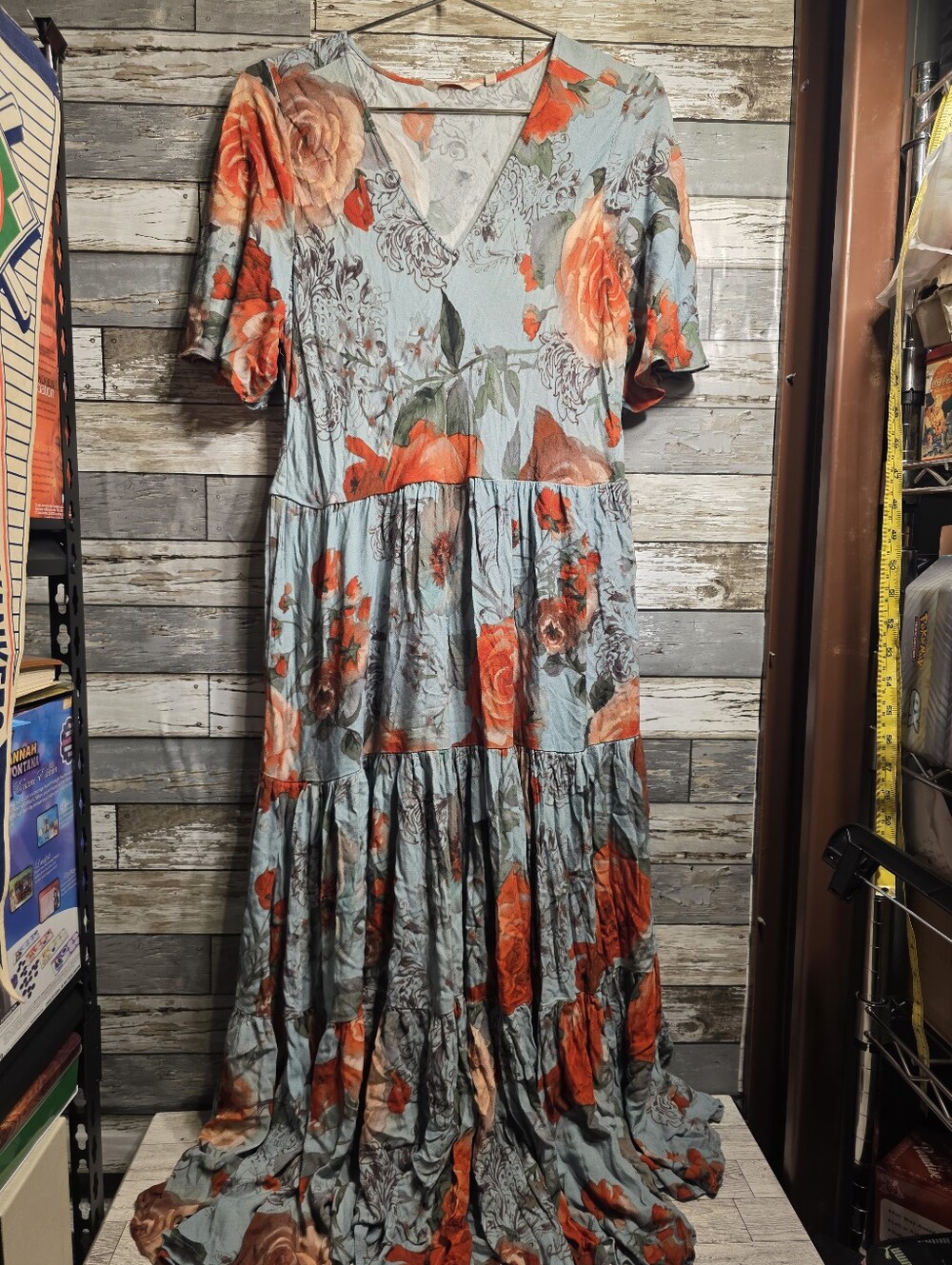 Floral Tiered V-Neck Maxi Dress in Blue and Orange
